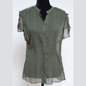 Banana Republic 100%Silk Green White Dot Sheer Button Short Sleeve Blouse - Sz L